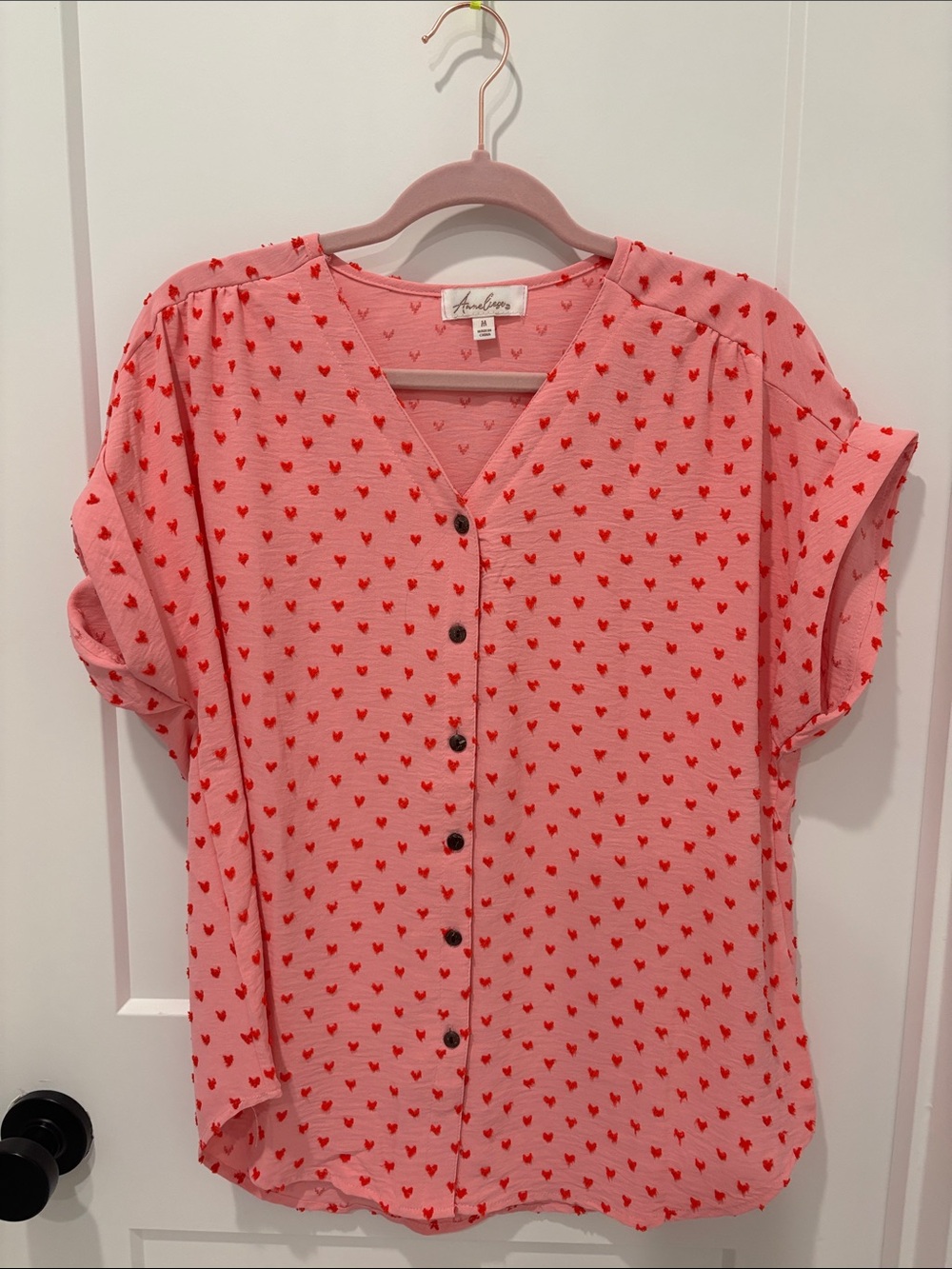 Anneliese Pink Button-Front Top with textured Red Heart Print